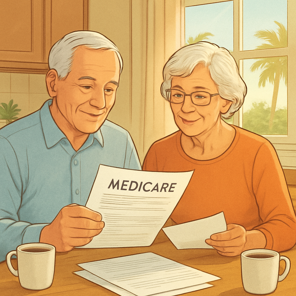 Senior couple reviewing Medicare paperwork at home
