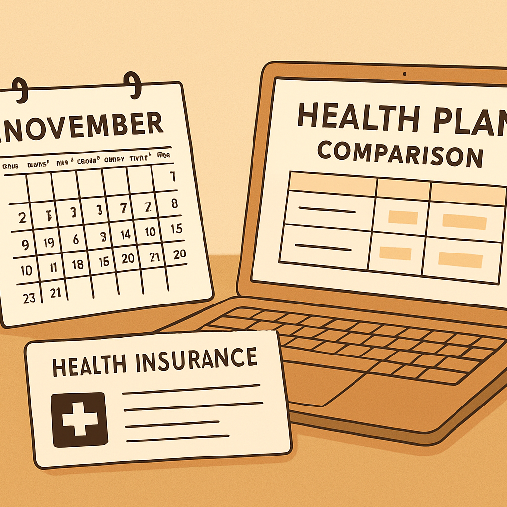 Calendar and health insurance documents representing Open Enrollment